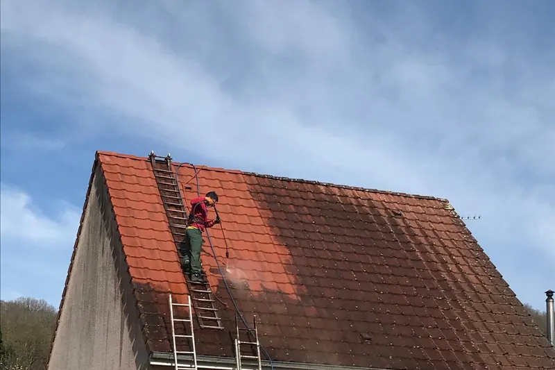Intervention sur la toiture d'une maison individuelle, échelles posées contre la façade